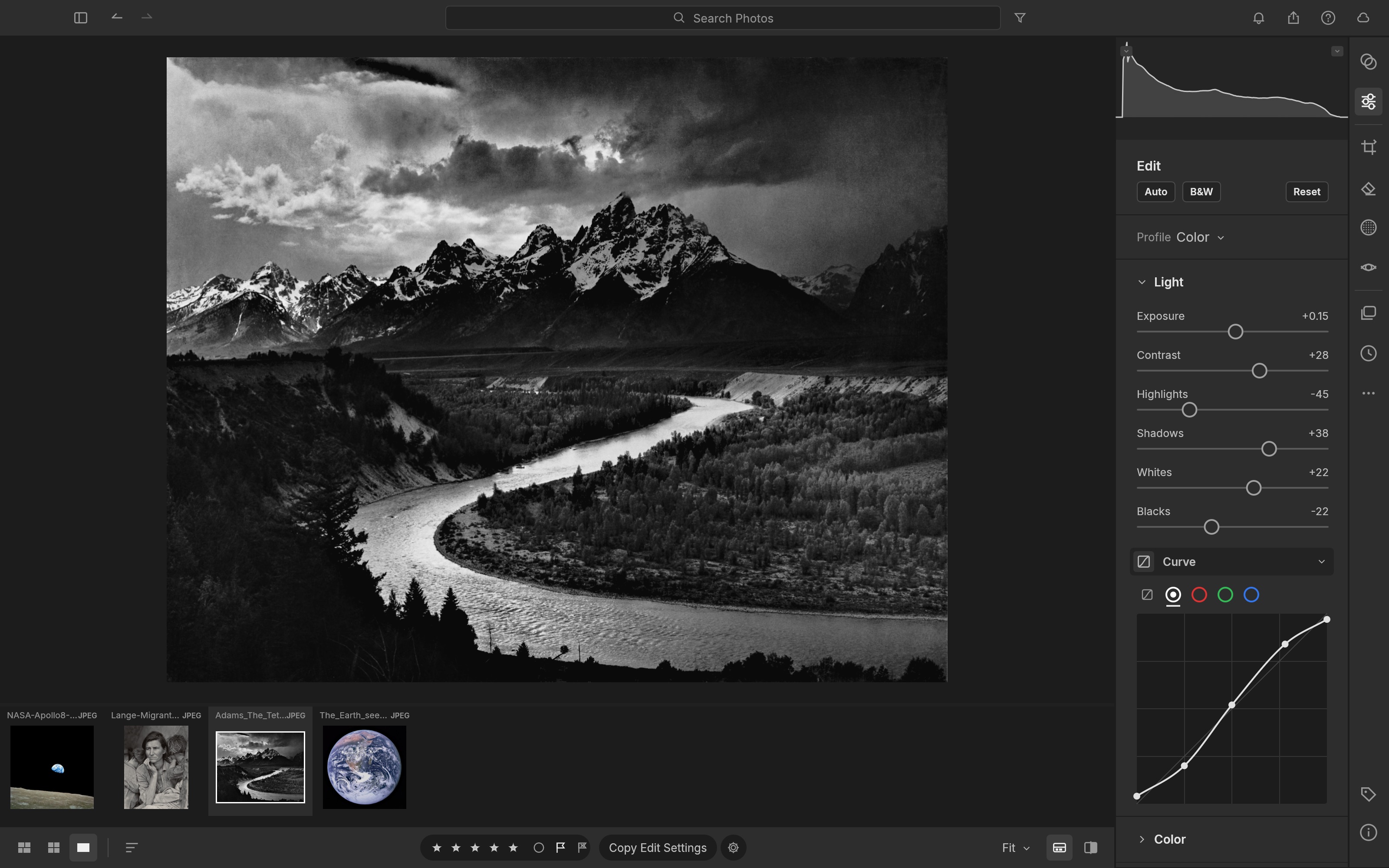 The Tone Curve open under the Light panel, with a gentle S-curve on the RGB point curve applied to The Tetons and the Snake River
