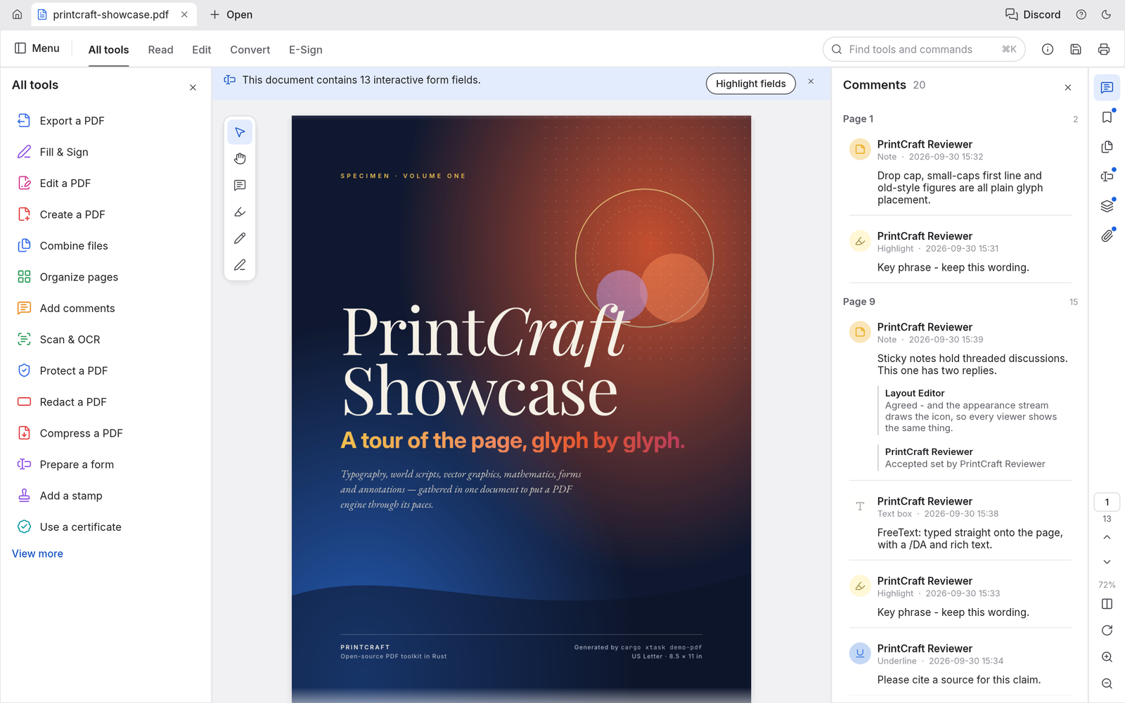 PdfCraft with the PdfCraft Showcase cover page open, the All tools panel on the left and 20 threaded comments on the right