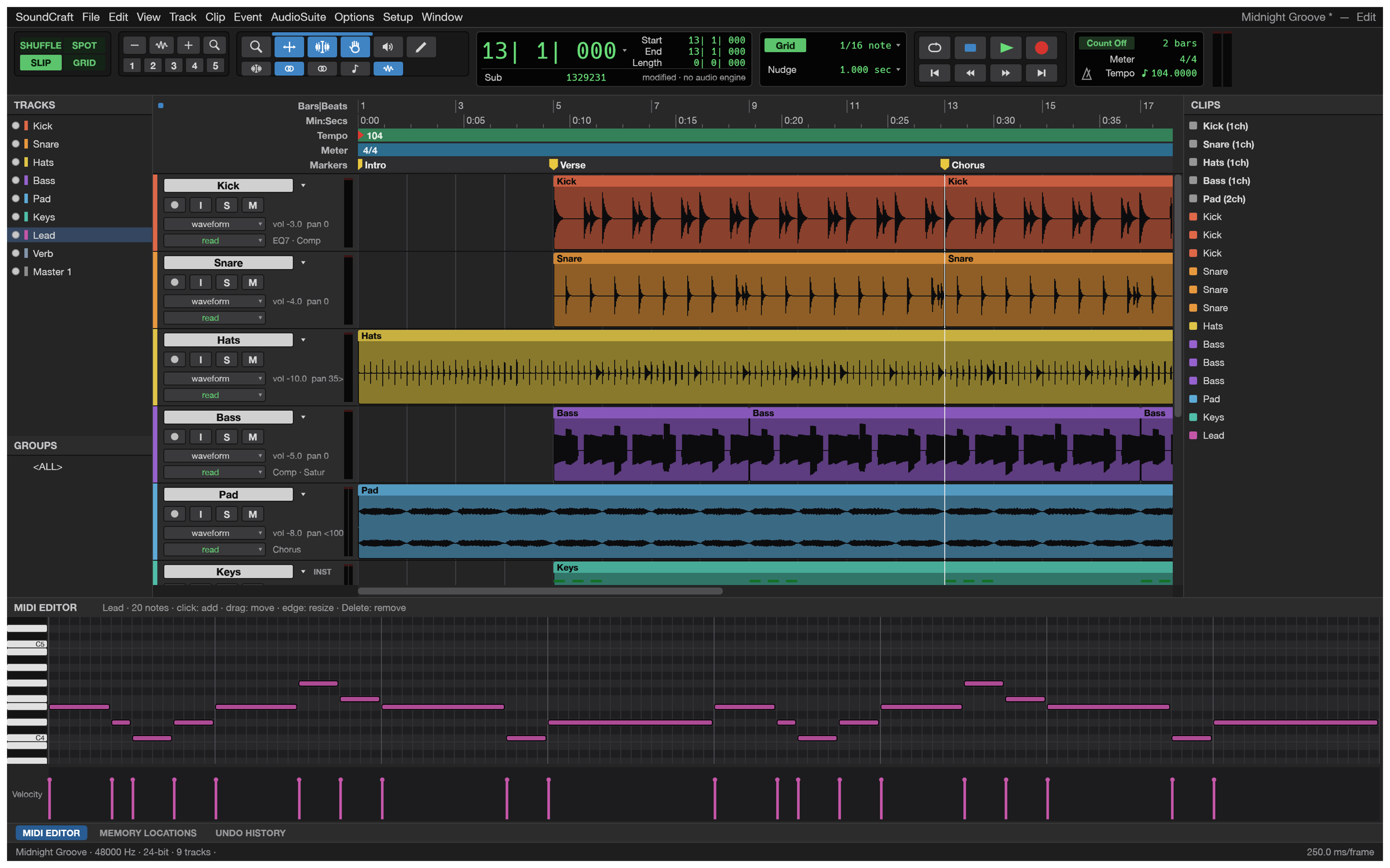 The MIDI editor showing a lead melody as a piano roll with a velocity lane