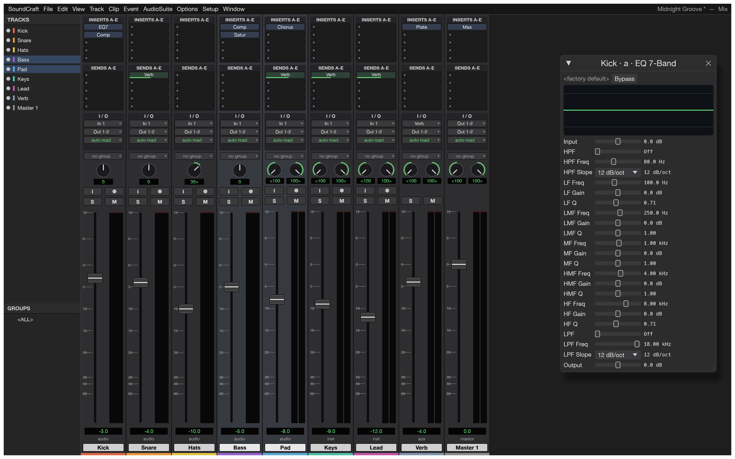 The Mix window with channel strips, inserts, sends, I/O, pan knobs, faders and meters, and an EQ plugin window