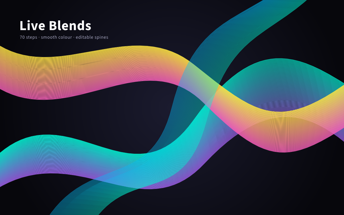 Live Blends: three wide ribbons blending yellow to pink and teal to purple, crossing over a dark background