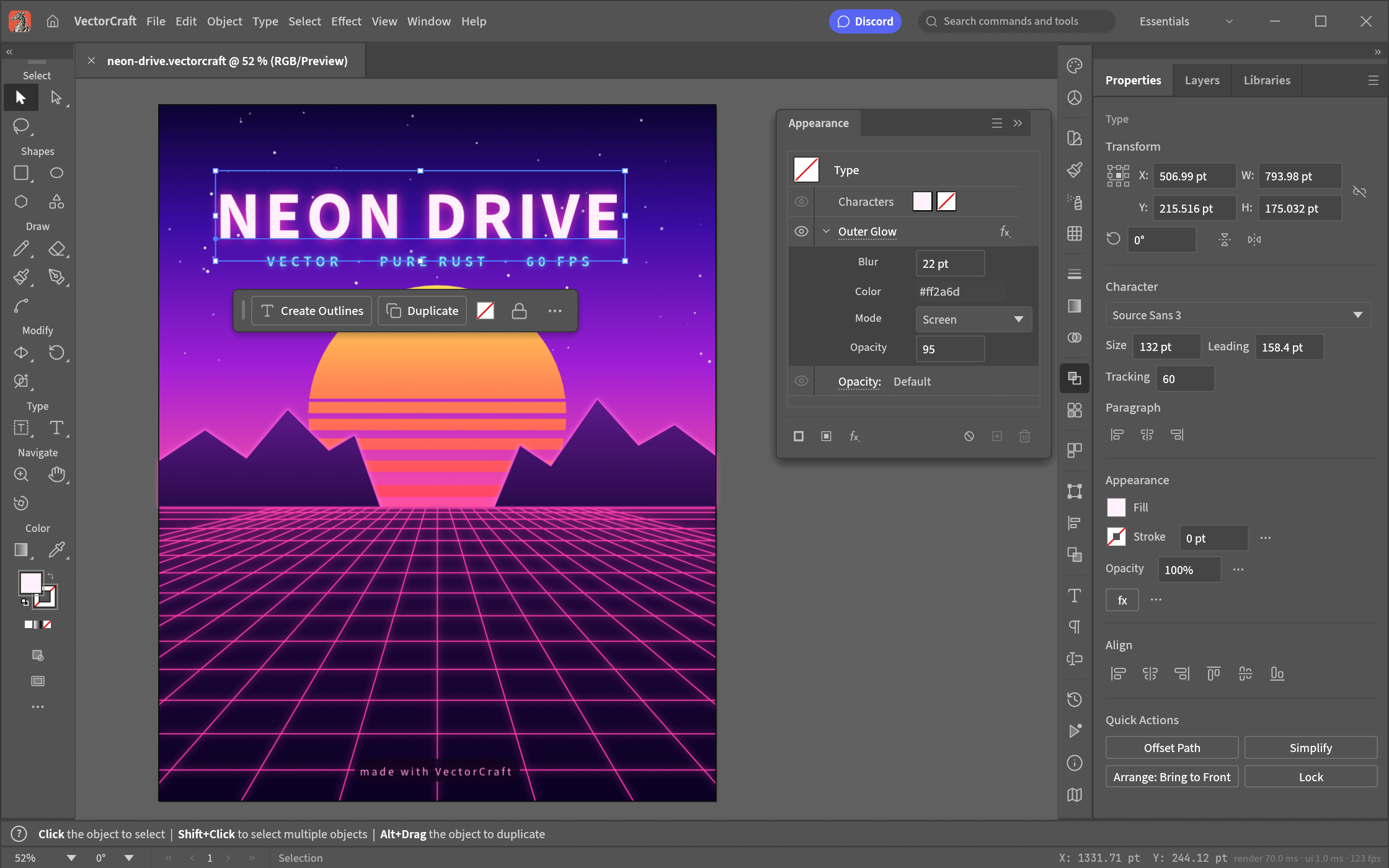 VectorCraft editing the Neon Drive poster: the title is selected, the Appearance panel shows the settings of its live Outer Glow, and the Properties panel shows its character settings