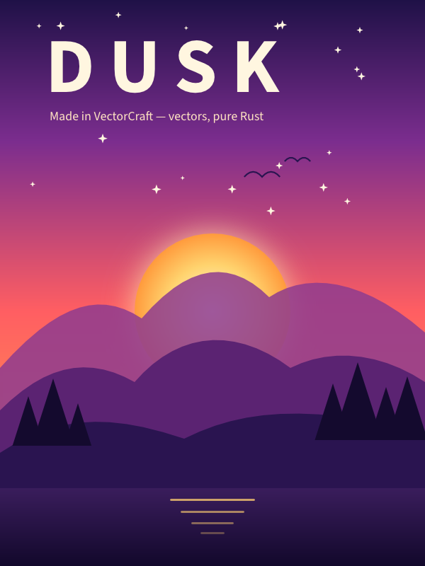 Dusk poster: a gradient sky with stars and birds, a glowing sun behind layered purple mountains and pine trees