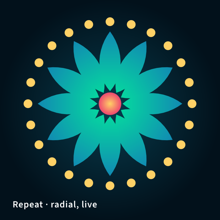 Radial Repeat mandala: teal petals around a coral center, ringed by yellow dots