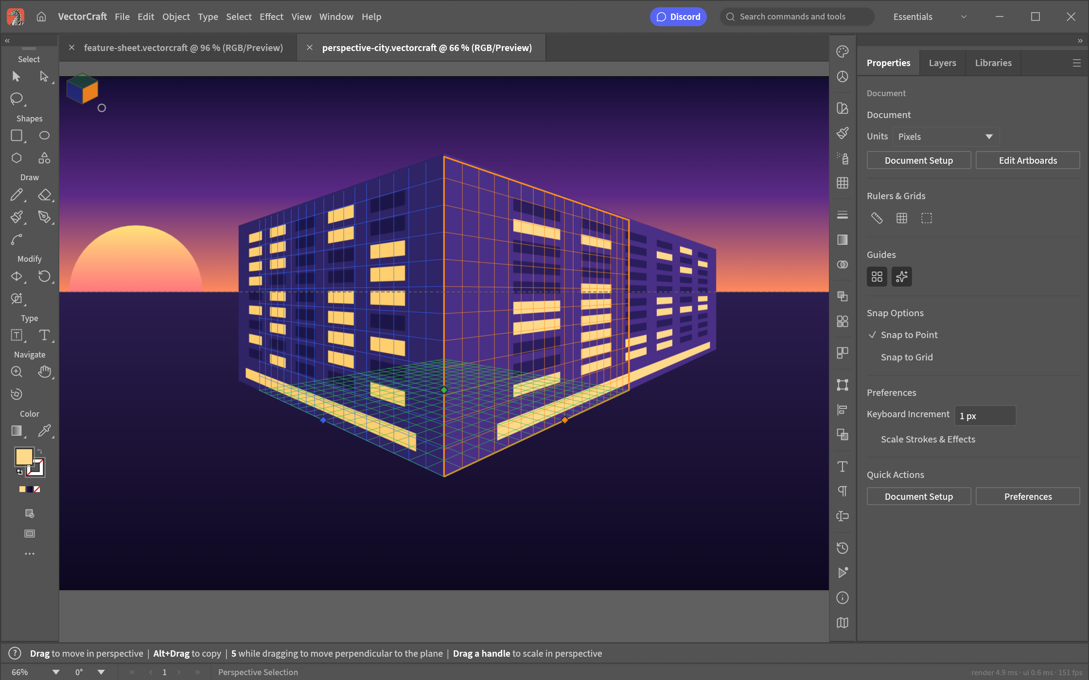 Two lit building facades drawn on the left and right planes of a two-point perspective grid at sunset, with the Perspective Selection tool and the Plane Switching Widget